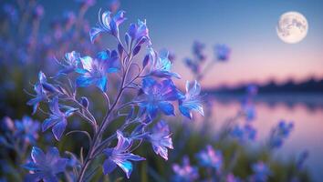 Purple Flower Under Moonlight Sky Near Lake photo