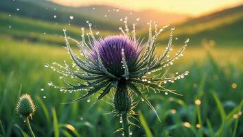 Thistle Flower with Water Drops in a Green Field at Sunset photo