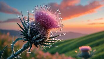 Thistle Flower with Water Droplets on Mountain at Sunrise photo