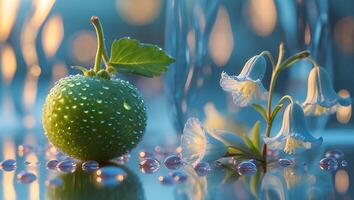 Green Fruit with Water Drops and White Flower on Reflective Surface photo