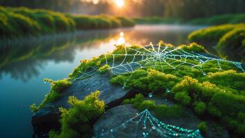 Spider Web with Dew on Moss Covered Rock by Lake photo