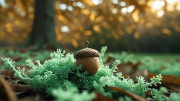 Acorn on Moss in Autumn Forest photo