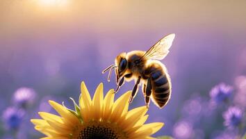 Bee on Sunflower in Lavender Field photo