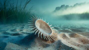 Seashell on Sandy Beach with Grass in Misty Weather photo