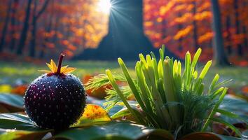 Autumn Berry with Green Plant in Forest Sunlight photo