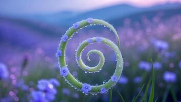 Spiral Plant with Water Drops and Small Blue Flowers photo