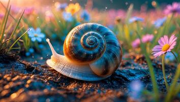 Snail Crawling in Meadow with Flowers photo