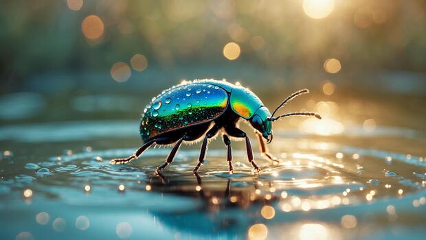 Iridescent Beetle on Water Surface with Droplets photo