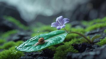 Snail on Leaf with Flower photo
