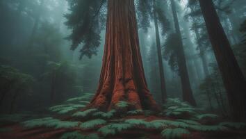 Sequoia Tree in a Foggy Forest photo