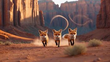 Fox Cubs Running in Desert Landscape photo