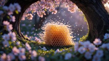 Honeycomb in Blooming Nature Setting with Water Droplets photo