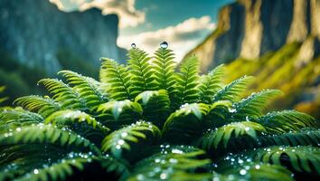 Fern Fronds with Water Droplets Against a Mountain Backdrop photo