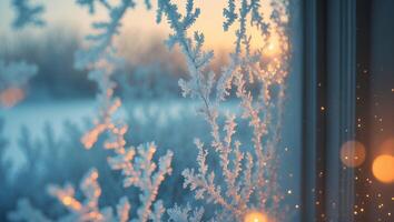 Frost on Window with Sunlight at Dawn or Dusk photo