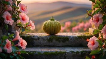 Green Pumpkin with Hibiscus on Stone Steps Overlooking Hills photo