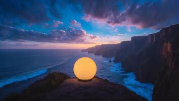 Glowing Orb on Cliff at Dusk Overlooking Ocean View photo
