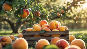 Fresh Peaches in Wooden Crate on Farm photo