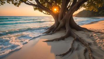 Tree on Beach at Sunset by Sea photo
