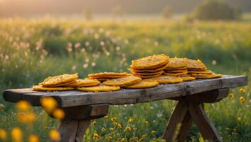 Stack of Pancakes on Wooden Bench in Field photo