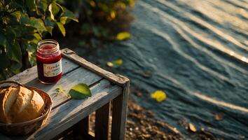 Jar of Jam with Bread Near Lake at Sunset photo