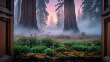 Forest with Pink Flowers and Mist Behind Open Wooden Door photo