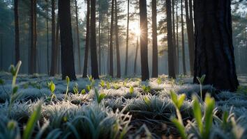 Sunlit Forest Floor with Grass and Trees photo