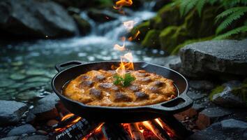 Food in Pan on Fire in Nature photo
