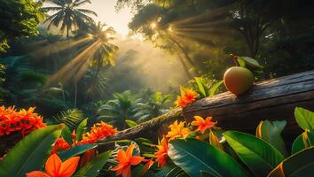 Tropical Forest with Sunlight, Orange Flowers and Apple photo