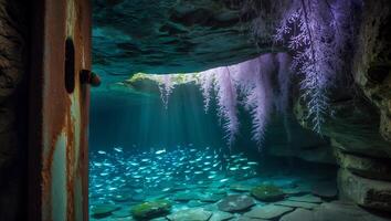 Underwater Cave with Fish and Rock Formations photo
