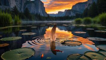 Feather in Mountain Lake with Lily Pads and Fish photo