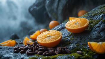 Oranges with Cocoa Beans on Rocky Surface in the Rain photo