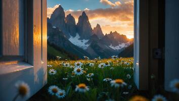 Daisy Meadow and Mountain Peak View Through Open Door photo
