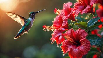 Hummingbird Near Red Hibiscus Flowers photo