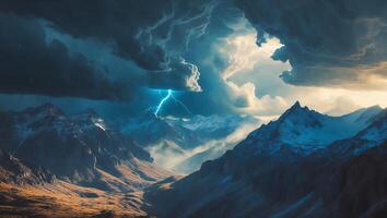 Lightning Strikes Over Snowy Mountain Landscape photo