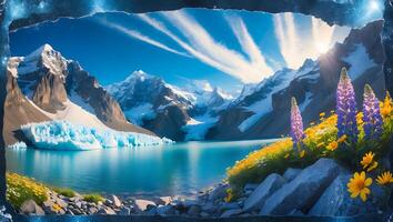 Mountain Lake View with Glacier and Flowers photo