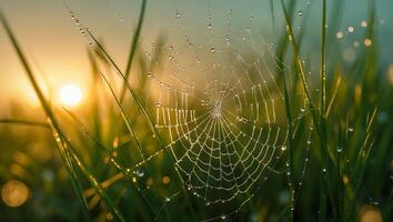 Spiderweb with Water Droplets in Morning Sunlight photo