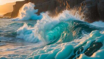 Ocean Wave Crashing on Rocky Shore at Sunrise photo