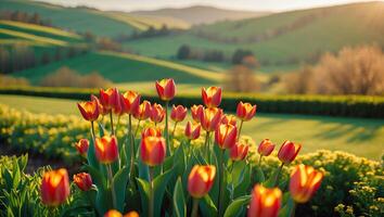 Tulip Flower in Green Field Landscape photo