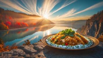 Rice Dish on Stone with Lake Mountain Background photo