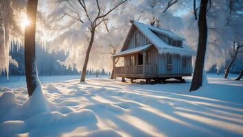 Winter Cabin in Snowy Landscape with Frosted Trees and Sunlight photo
