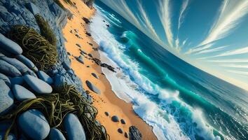 Ocean Wave on Sandy Beach Against Blue Sky photo