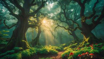 Foggy Forest with Mushrooms and Sunlight photo
