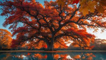 Large Tree with Red Leaves Reflected in Water photo