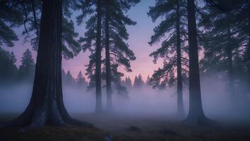 Misty Forest Landscape with Pine Trees at Dusk photo