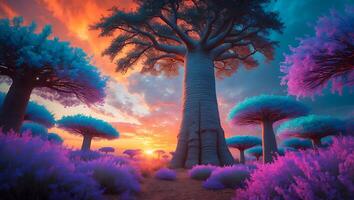 Baobab Trees at Sunset in Fantasy Landscape photo
