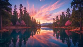 Lake and Forest at Sunset with Colorful Sky Reflections photo