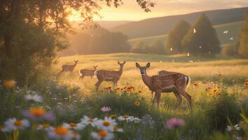 Deer in Meadow at Sunset Wildlife Scene photo