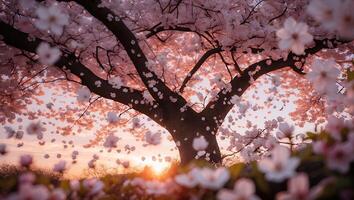 Cherry Blossom Tree with Pink Petals and Sunset photo