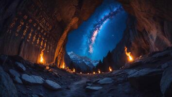Cave with Ancient Writing and Milky Way Stars photo