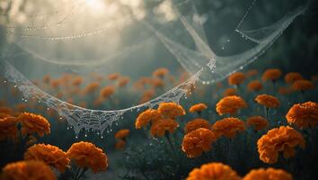 Marigold Field with Spiderweb and Water Drops photo